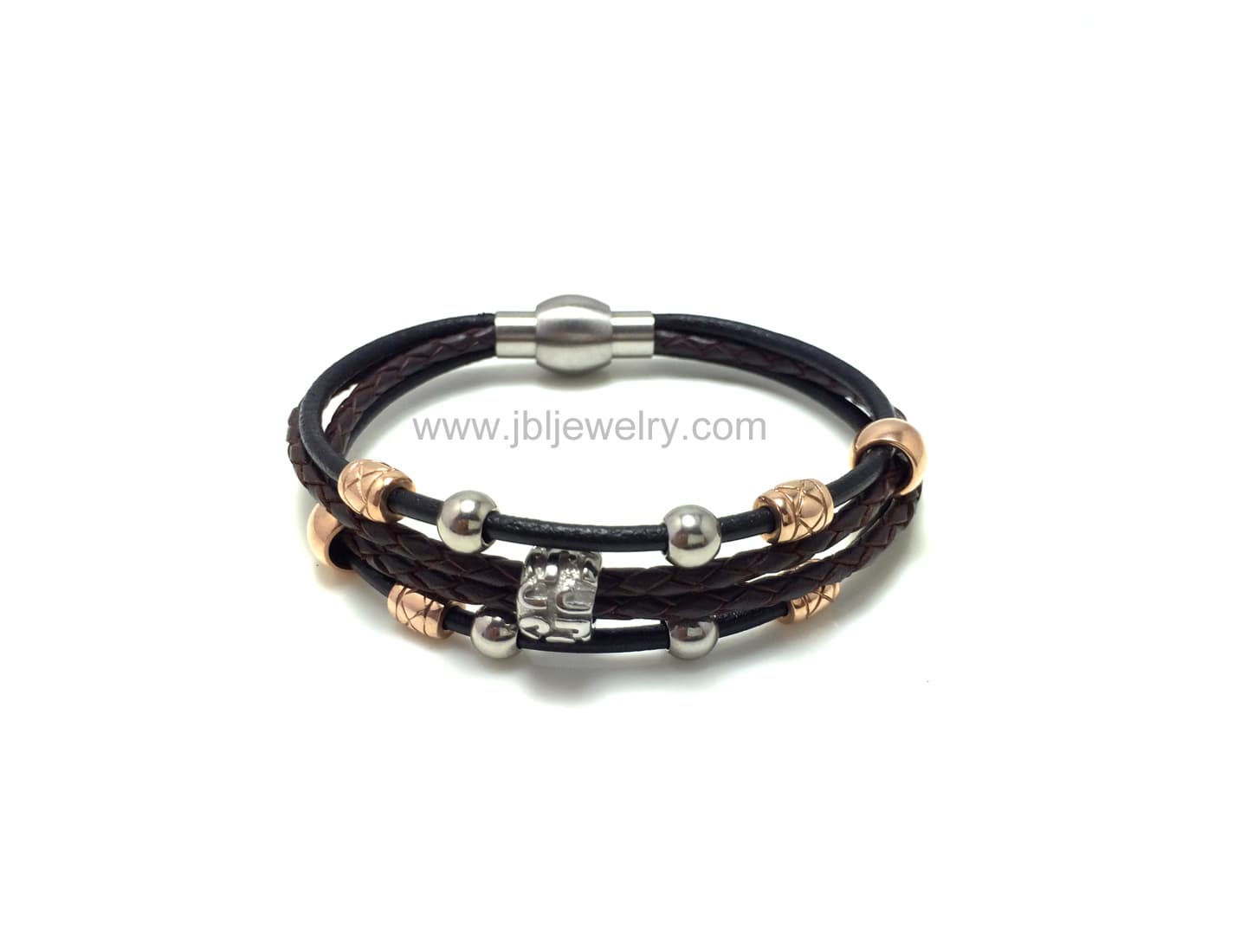 BR070 leather bracelet with stainless steel charms